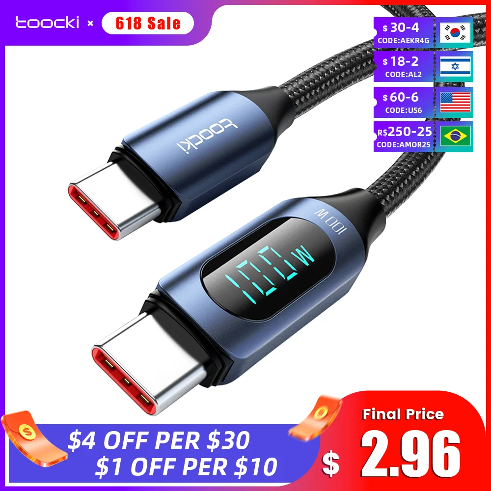 Toocki Type C to Type C Cable 100W PD Fast Charging Charger USB C to USB C Display Cable For Xiaomi POCO f3 Realme Macbook iPad