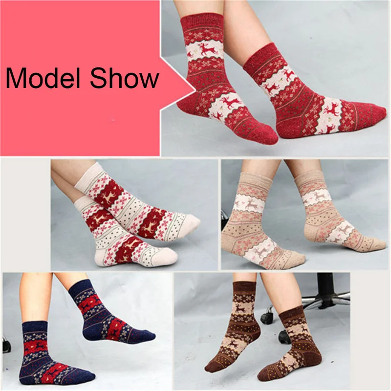 1Pair Christmas Socks Cotton Wool Snowflake Deer Winter Warm Socks Women Girls Xmas Home Boot Sox
