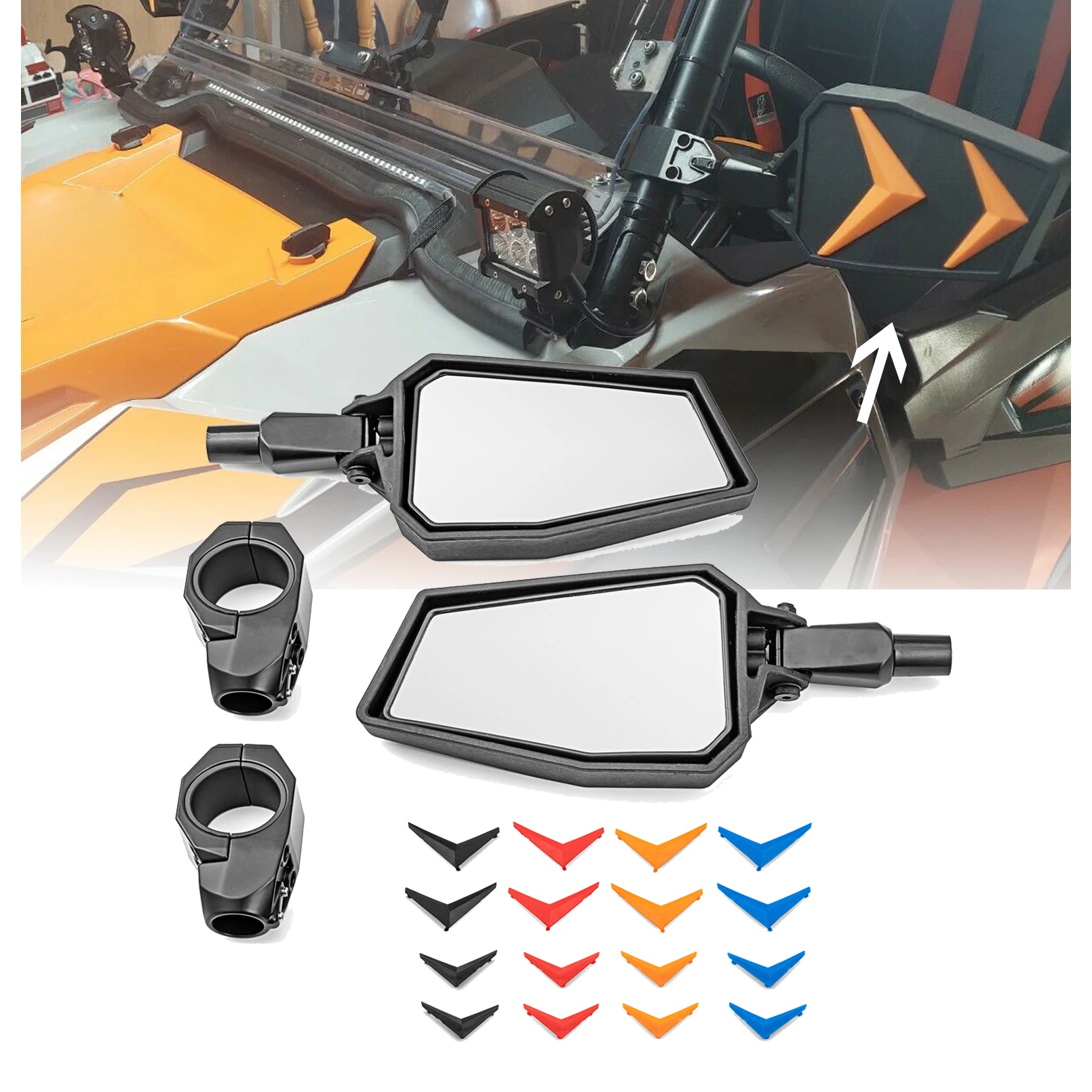 

For 1.75" & 2" Round Tube Polaris Honda Yamaha Can-Am Break Away Side Rear View Mirror Tempered Glass With Aluminum Clamp
