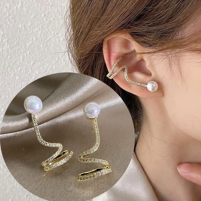 

White Imitation Pearl Women's Stud Earrings Cartilage Ear Cuff Shiny Rhinestone Ear Clip Earrings Wedding Engagement Jewelry