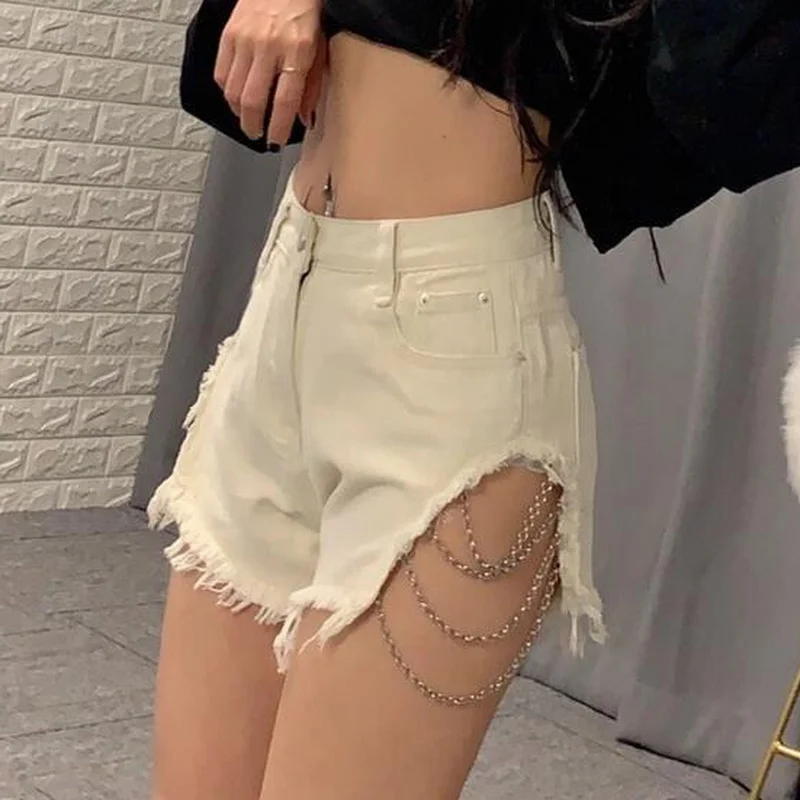 2021 Women Blue Hole High Waist Streetwear Shorts Bottoms Sexy Fringe Denim Short Jeans All-Match Summer Lace Up Skinny Shorts