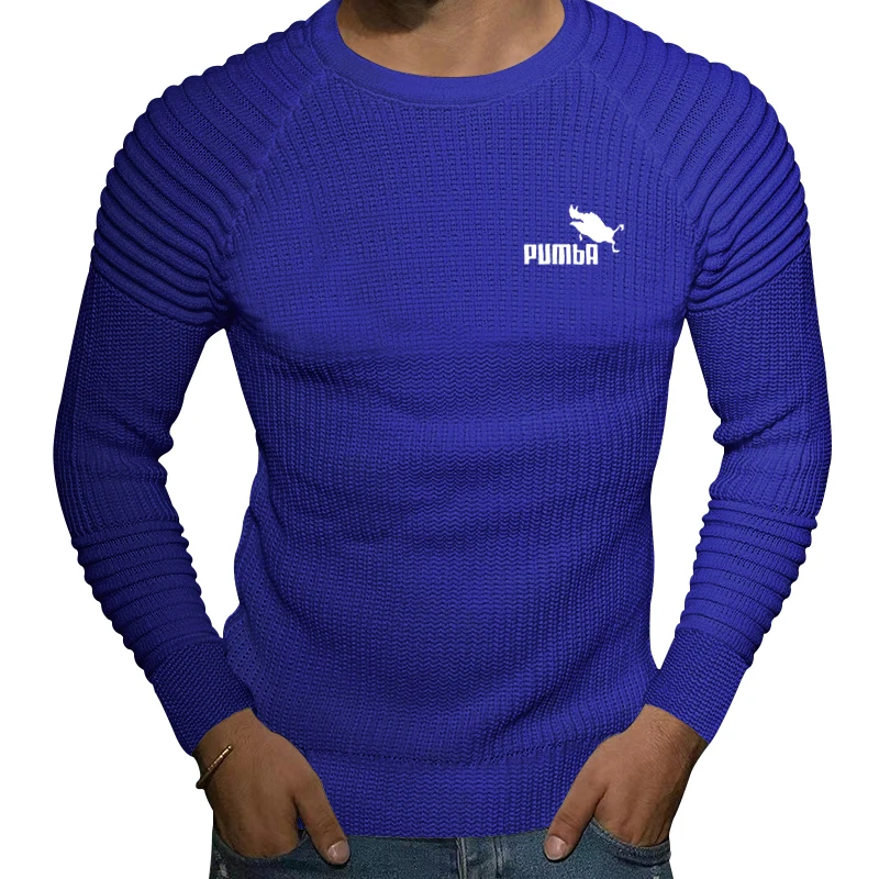 Autumn and Winter New Men's Slim Fit Knitted Sweater Round Neck Solid Color Panel Shoulder Folding Bottom Fashion Top