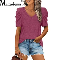 2022 new womens casual short sleeve loose t shirts solid color pleated tops v neck female street pullover tops summer clothes
