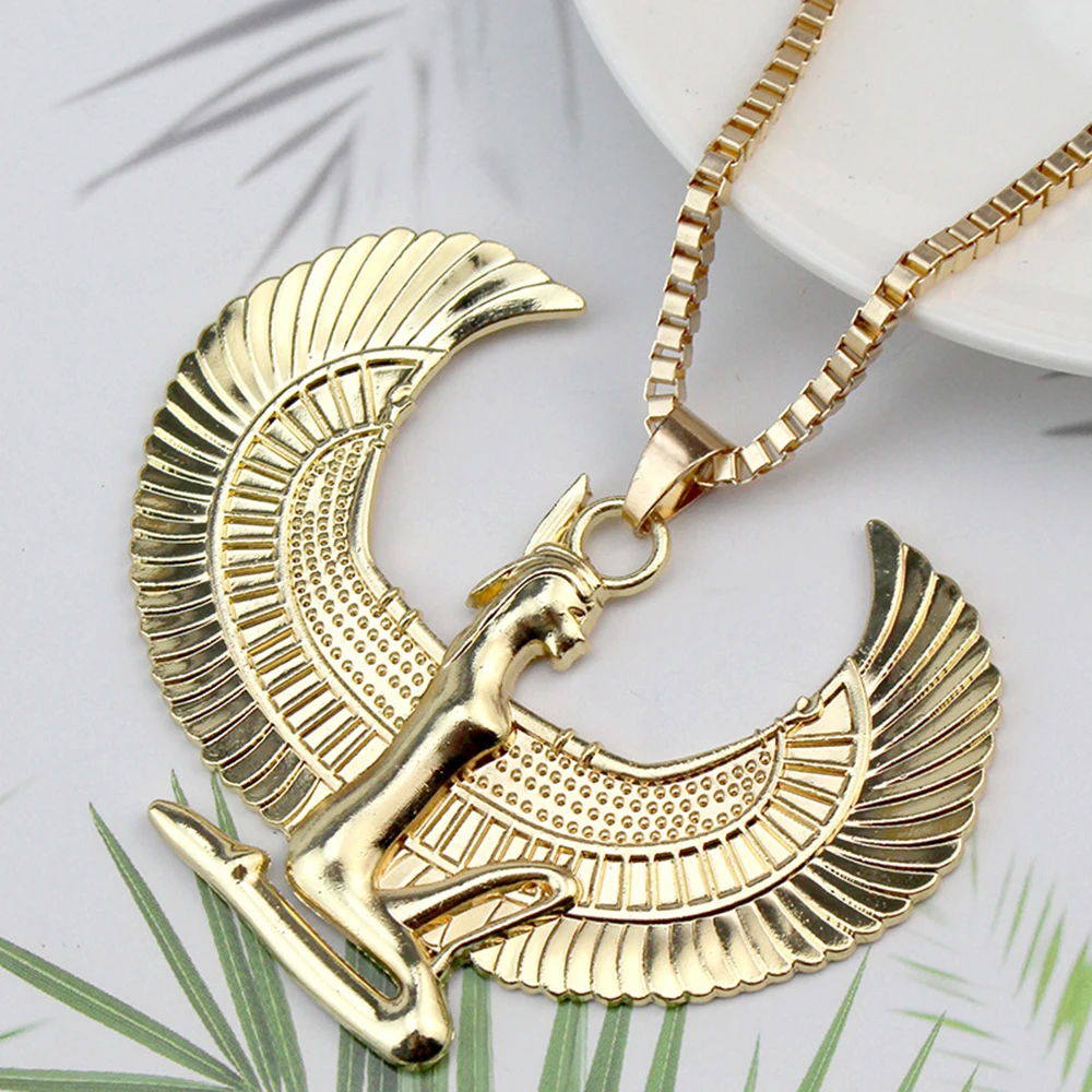 Ancient Egyptian Mythology Goddess Isis Wings Stainless Steel Pendant Necklace for Women Vintage Egypt Gold Color Jewelry 2022