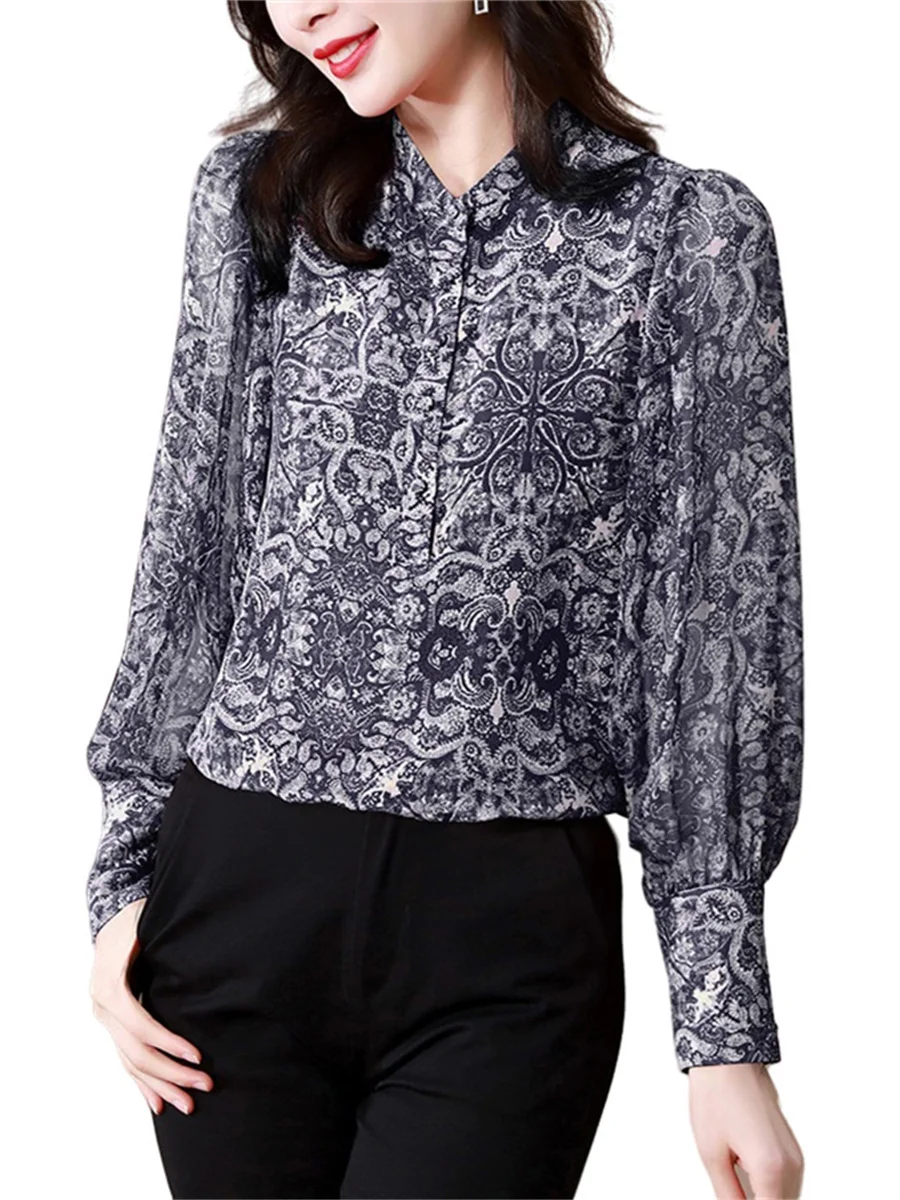 

Women Spring Spring Autumn Shirts Lady Fashion Casual Long Sleeve O-Neck Collar Printing Flower Blusas Tops CT0552