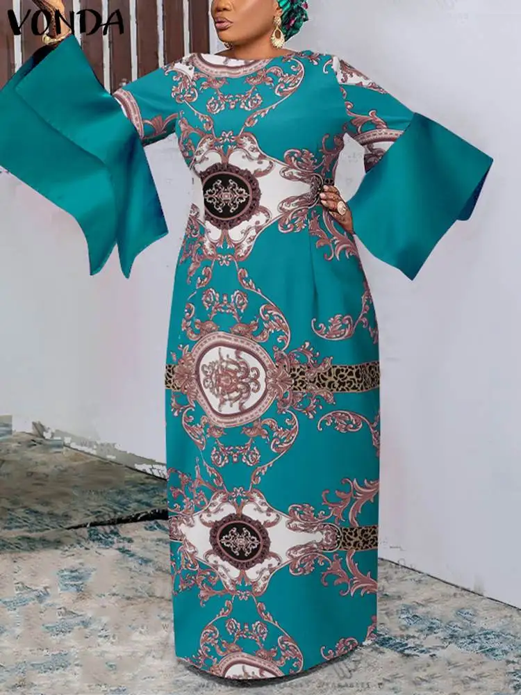 

VONDA Bohemian Women Party Dress Printed Patchwrok Evening Long Dress 2022 Autumn Flare Sleeve Vintage Pleated Maxi Robe Femme