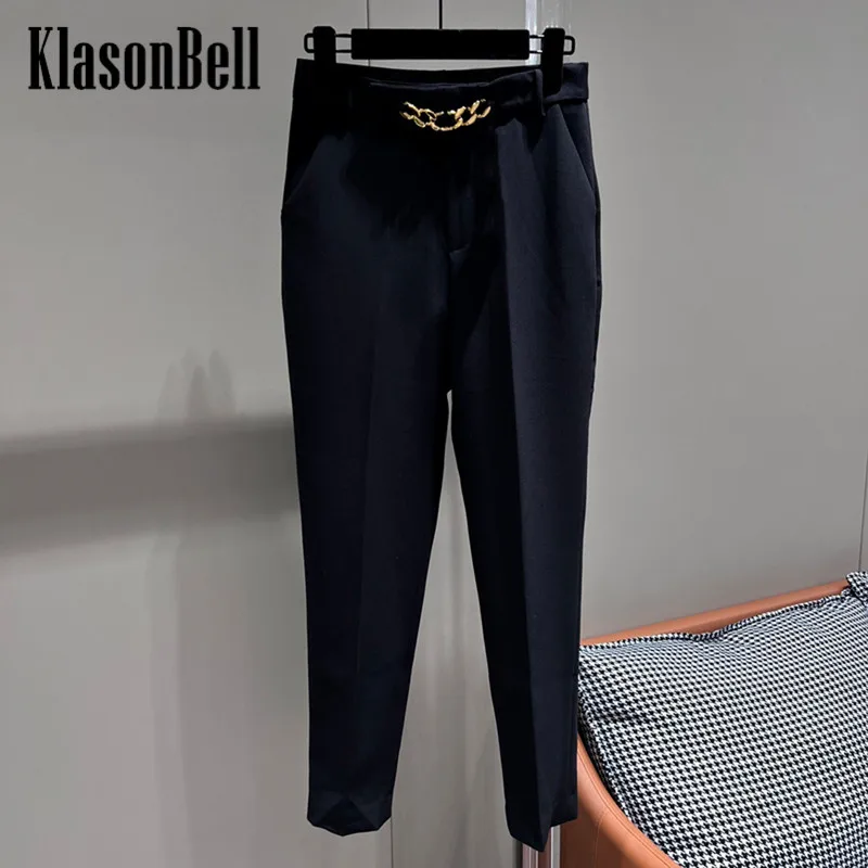 12.21 KlasonBell Black Classic Metal Chain Design High Waist Straight Casual Wool Pants Women