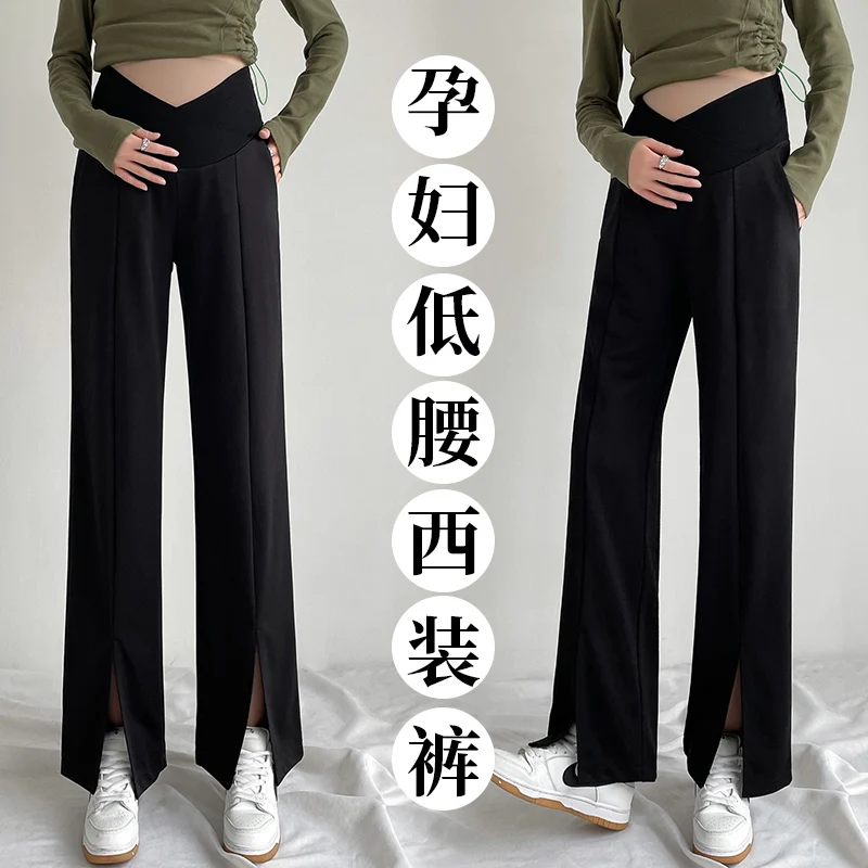 

2183# Wide Leg Loose Low Waist Belly Maternity Long Pants OL Formal Work Ladies Clothes for Pregnant Women Side Splits Pregnancy