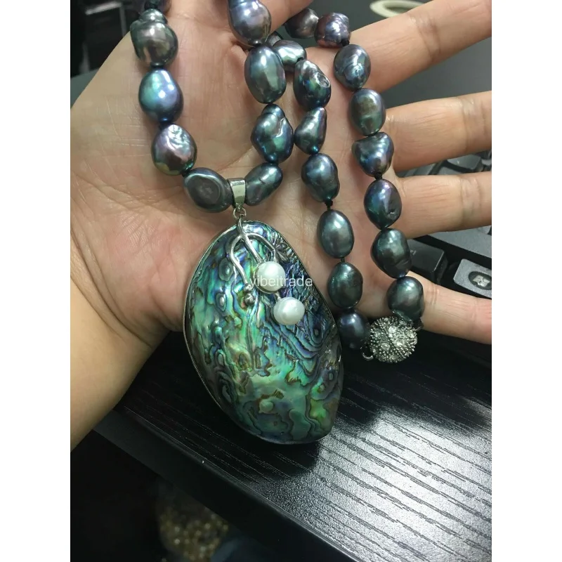 

Black Natural 12-13mm Baroque Freshwater Pearl Necklace Large Shell Pendant 18"