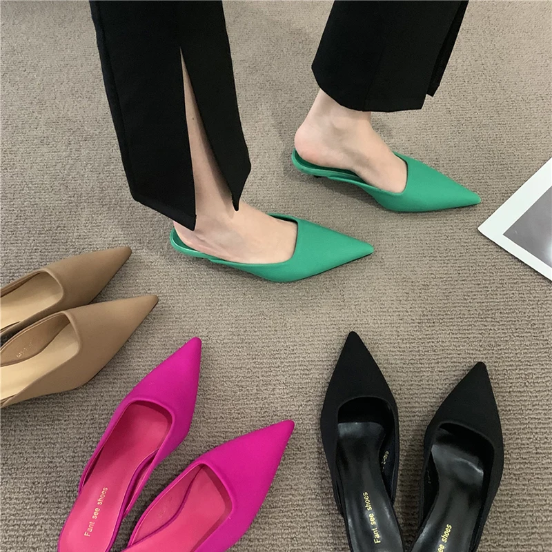 

2023 Spring Pointed Toe Women Mules Slipper Fashion Candy Color Ladies Elegant Dress Sandal Square Low Heel Slip On Slides