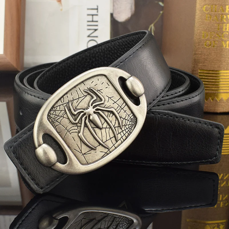 

High Quality Hot 2023 New Spider Pattern Leather Belt Men Smooth Buckle Casual Full Grain Ceinture Homme