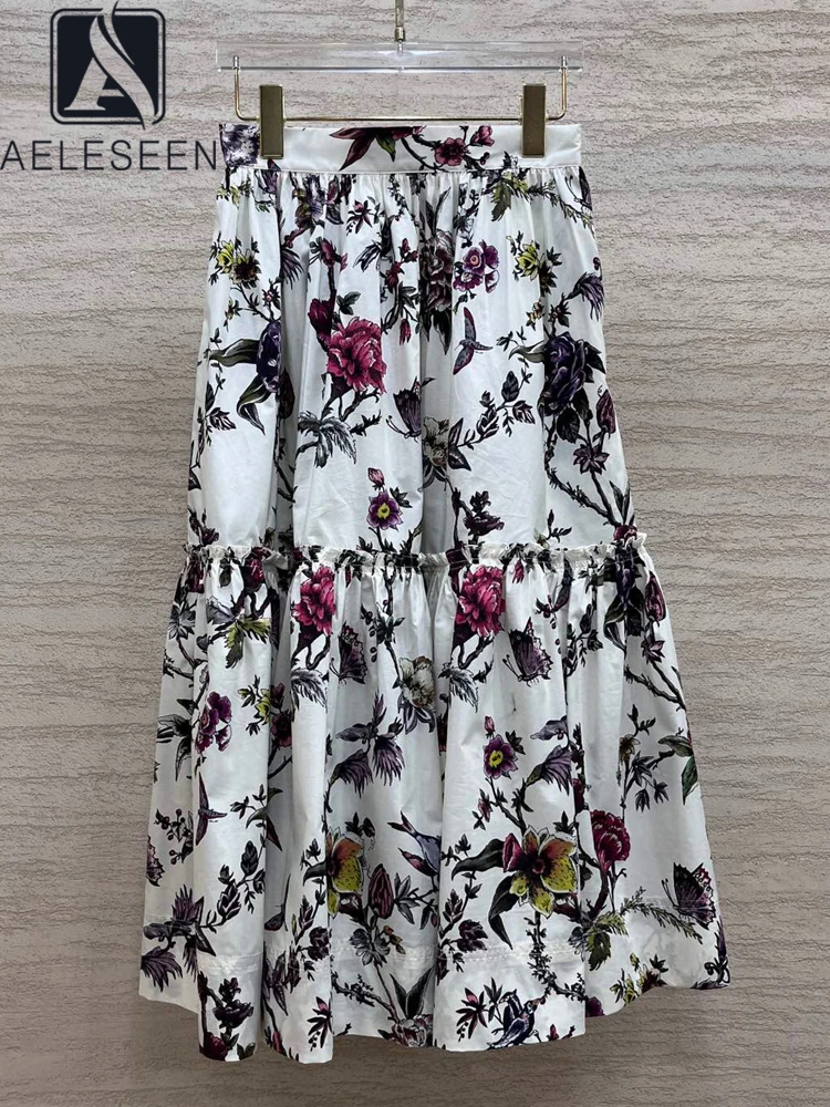 AELESEEN High Quality 100% Cotton Skirt Women Runway Fashion Flower Printed High Waist Black White Holiday Party Vacation Long
