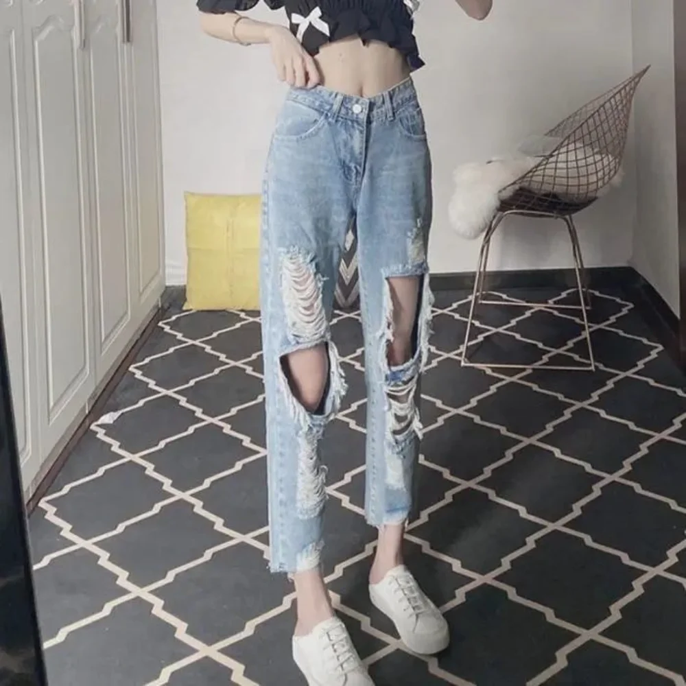 Lace-up Flared Jeans Women's Front and Rear Invisible Open Crotch Double-Headed Zipper Jeans Summer High Waist Straight-Leg Pant