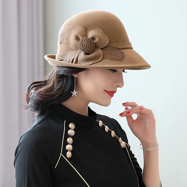 

Hepburn Style 100% Australia Wool Woman Flower Cloche Cap Party Lady Felt Fedora Formal Hat Fashion Retro Church Hat