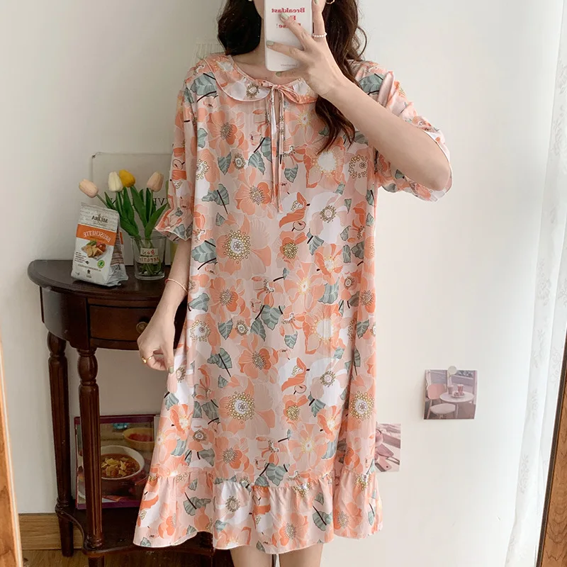 Cotton Short Sleeve Women Printing Nightgown Sleepdress Homedress Round Neck Loose Casual Loungewear Camicia Notte Donna Sexy