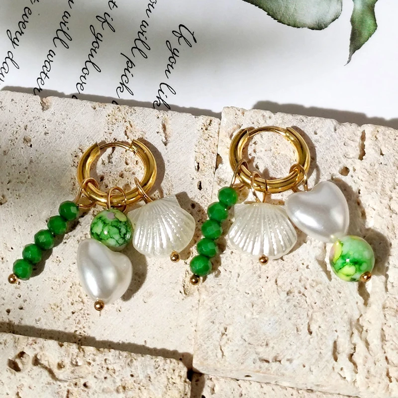 

Trendy New Green Beads Heart Pearl Hoop Earrings For Women Gold Color Stainless Steel Metal Circle Earrings Boho Jewelry 2022
