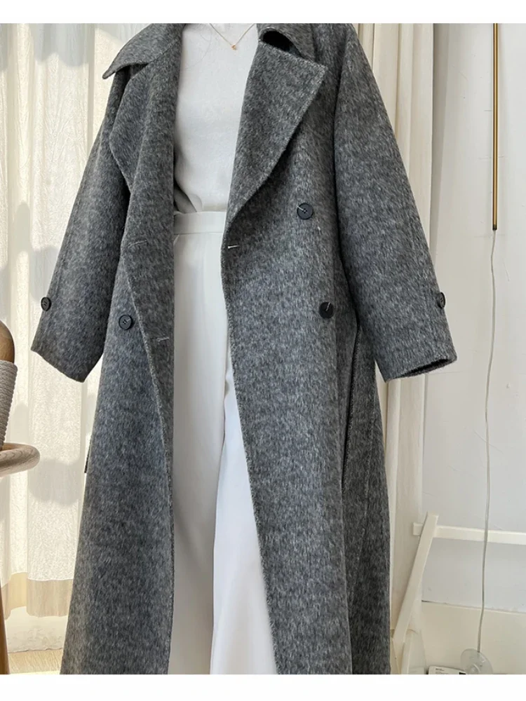 

Женское двустороннее кашемировое пальто RosEvans, серое удобное зимнее пальто из кроличьей шерсти, корейское длинное плотное шерстяное пальто для женщин