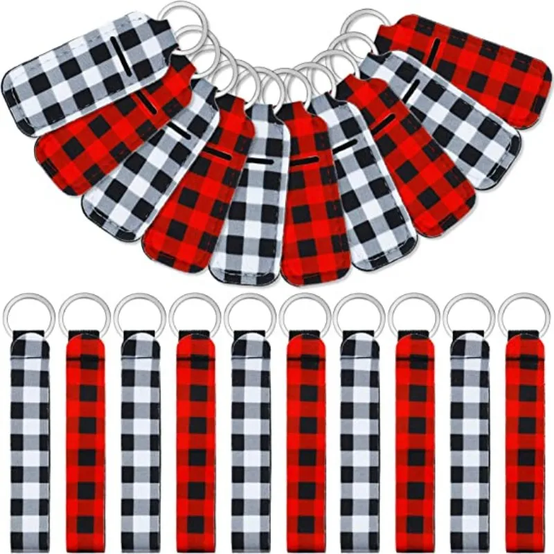 

20Pieces Christmas Portable Lip Balm Holder Buffalo Plaid Lipstick Holder Keychains Wristlet Lanyards for Bags Key Chains