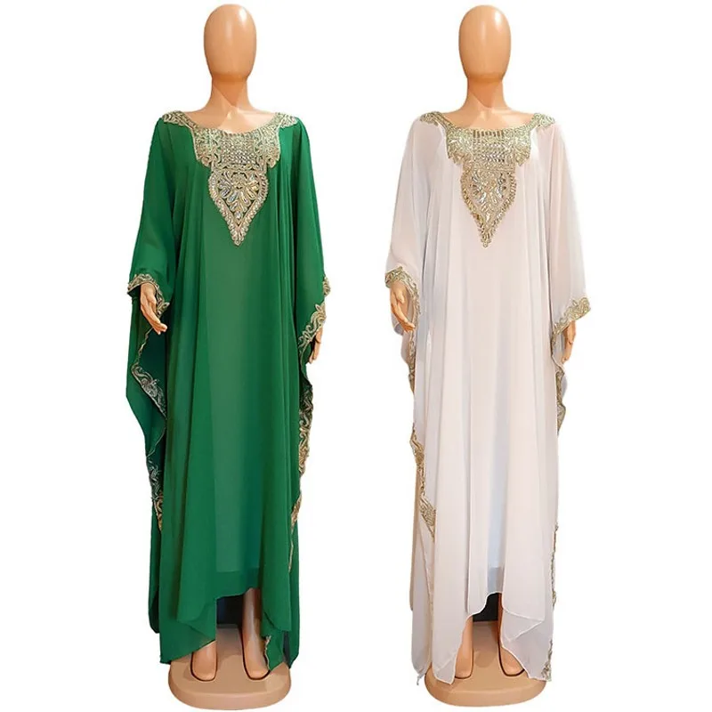 Muslim Robe Loose Embroidered Long Maxi African Dresses For Women Chiffon Elegant Ladies Clothes Muslim Suit With Lining 2 Piece