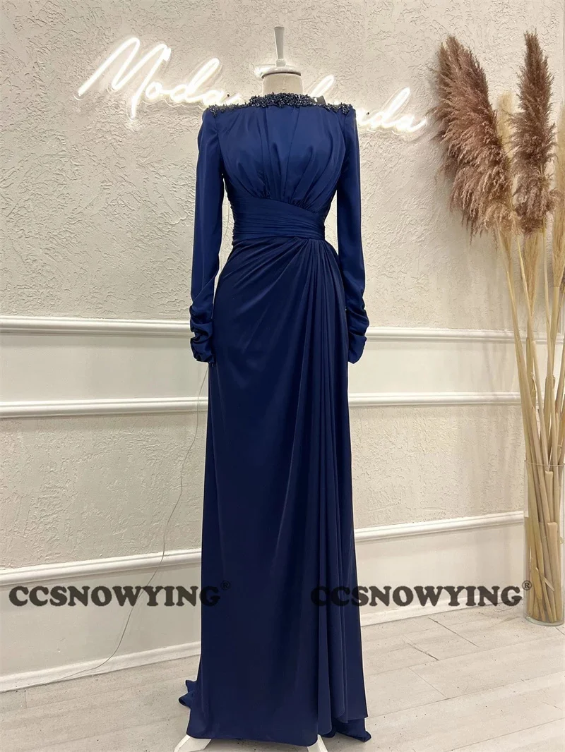 

Simple Satin Beaded Long Sleeve Muslim Evening Dresses Women Islamic Formal Party Gown Arabic Kafatn Robe De Soiree