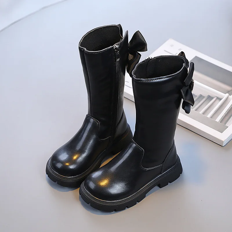 

2022 Autumn and Winter New Korean Wind Kids Mid-calf Boots Warm Soft Little Girls Back Bow Rhinestone Child Black Princess Boots