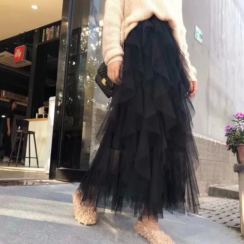 

Spring Summer Tutu Long Skirts Women Haruku Saia Fashion Bottom Woman Clothes Jupe Femme Casual Mesh Maxi Skirt Ladies Faldas