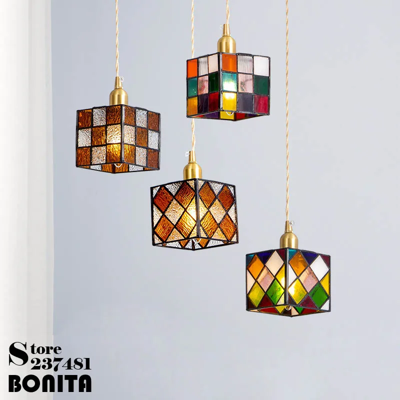 

Colored Hand-Painted Glass Pendant Lamp Retro Mediterranean/Southeast Asian style Rubik's Cube Cord Pendant Light All Copper