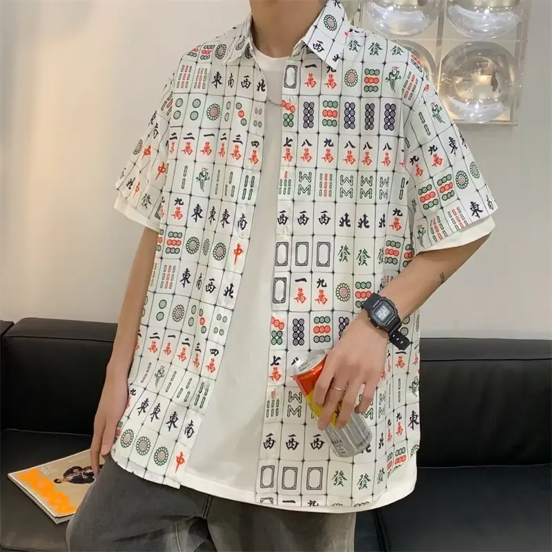 

E-BAIHUI Print Mahjong Shirts for Men Summer Short Sleeve Beach Men Clothing Casual Turn-down Collar Chinese Style Shirt Male