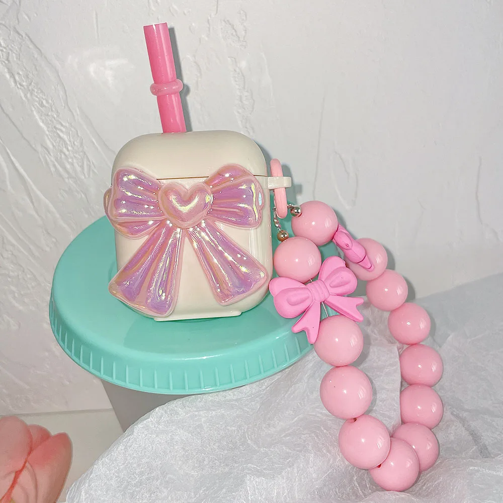 

Милый лазерный розовый бант, браслет с блестящими бусинами для девочек, чехол для наушников Apple Airpods 2 3 Pro, мягкий ударопрочный чехол для гарн...