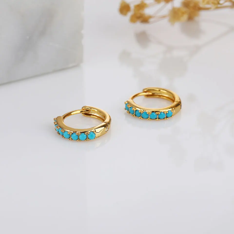 Серьги-кольца женские бирюзовые геометрической формы с фианитом