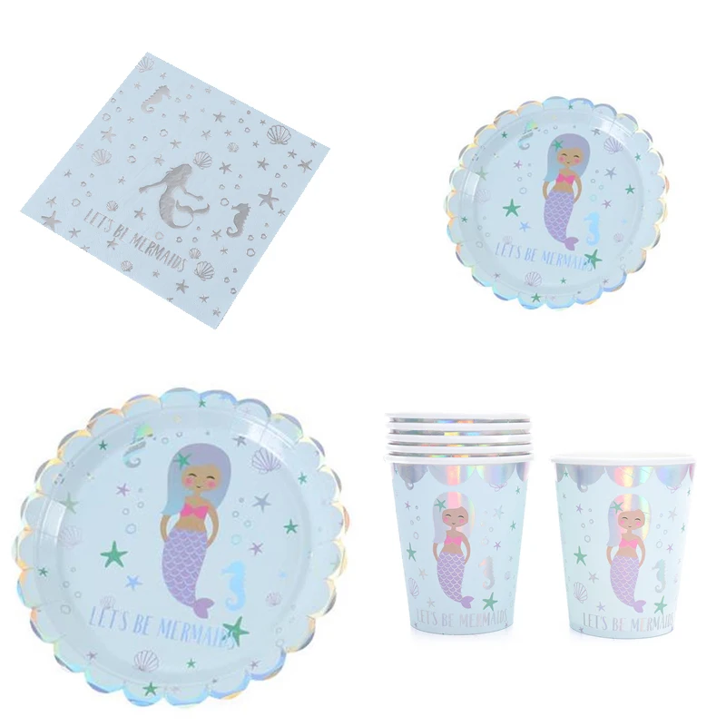 

Mermaid Party Tableware Set Disposable Paper Plates Paper Cups Paper Towel Girls Birthday Party Arrangement Tableware Supplies