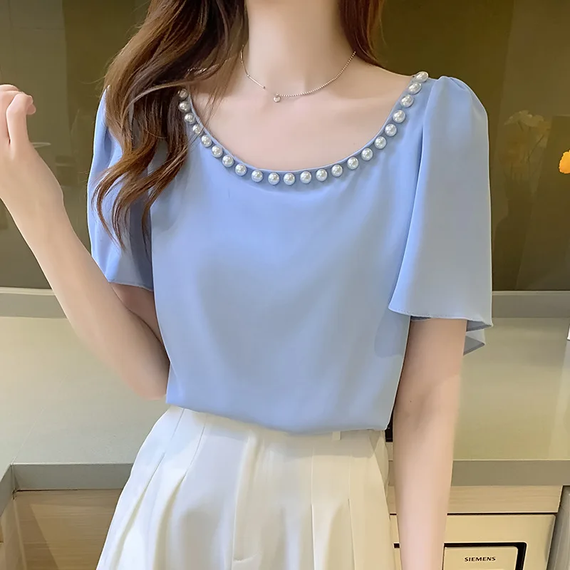 Korean Office Lady Elegant Fashion Beading O-neck Short Sleeve Chiffon Blouse Summer Women Casual Loose Pullover Shirt