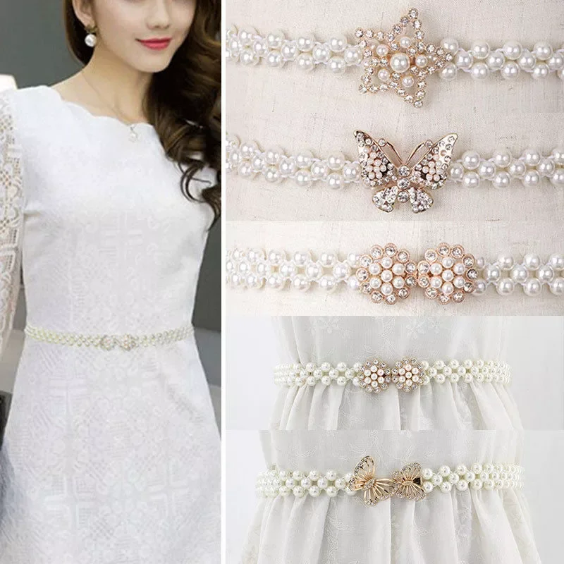 Women Gilr Luxury Elegant Waistband Elastic Crystal Pearl Beading White Fashion Buckle Waist Band Belt For Dress Clothes