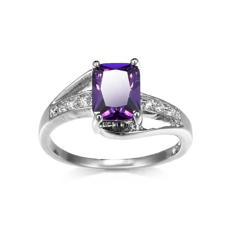 

ANGLANG Luxury Women Square Shape Engagement Rings AAA Purple Cubic Zirconia Proposal Rings for Girlfriend Fine Anniversary Gift