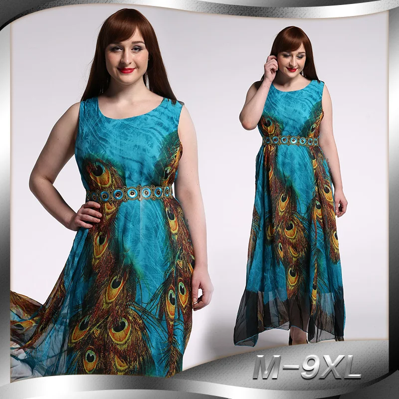 

Spring And Summer New Women's Dress Big Swing Bohemian National Beach Skirt Printed Chiffon Large Dress