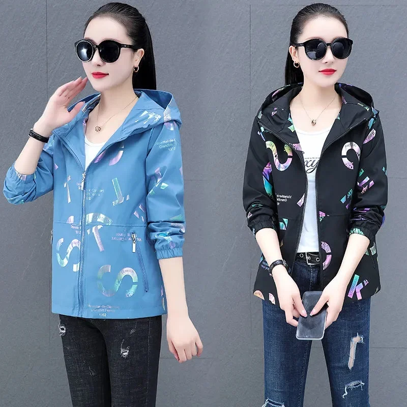 

Printed Short Coat Women's 2022 Spring Autumn Windbreaker Hundred Towers Jackets Baseball Uniform Loose Hooded Jacket Female Top