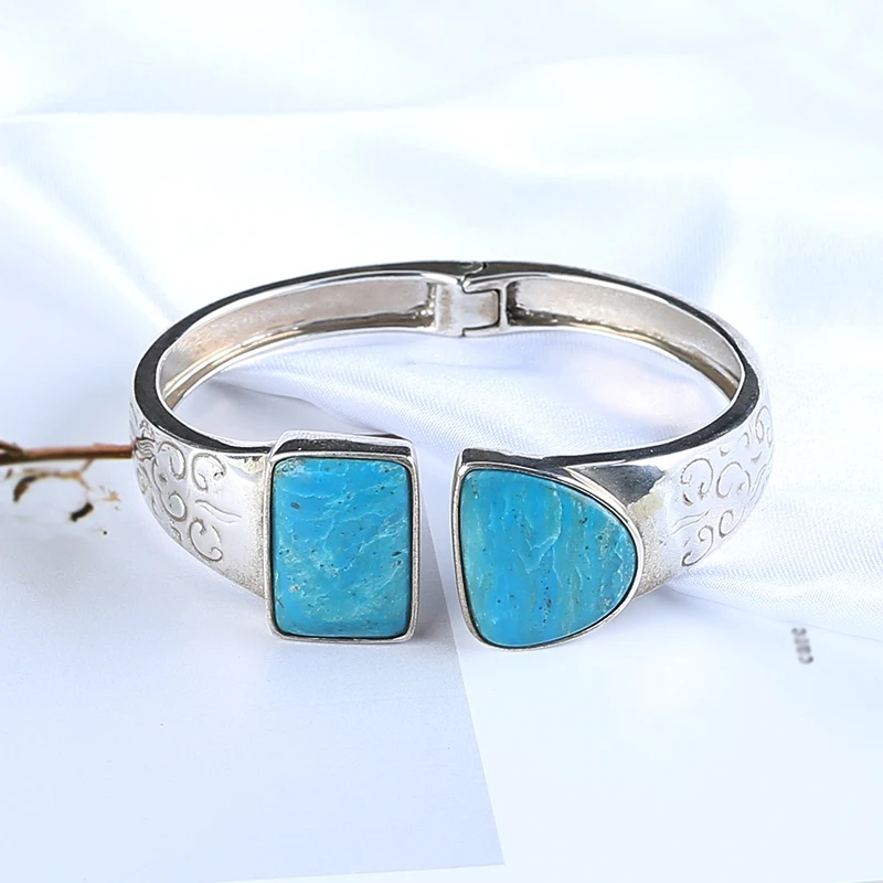 Natural Stone Blue Opal With Sterling 925 Silver Bracelet Women Fashion Jewelry