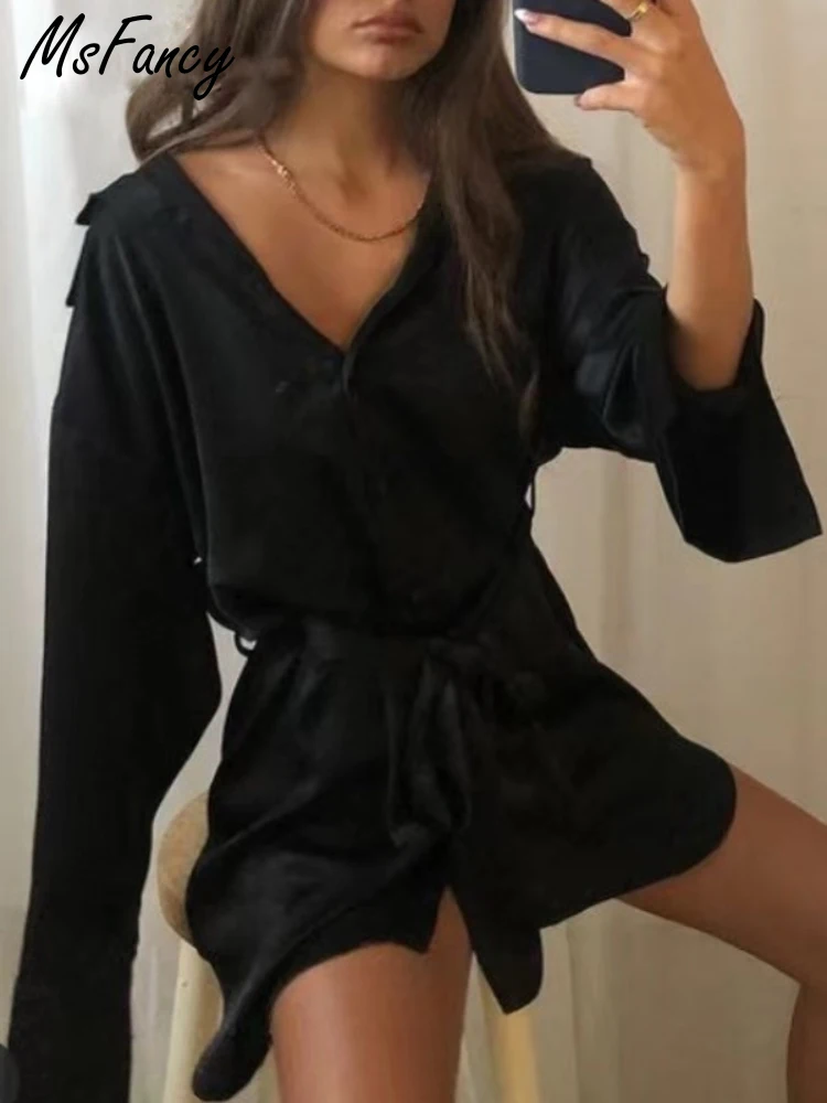 Черное платье-рубашка Msfancy женские атласные платья 2022 с длинным рукавом и