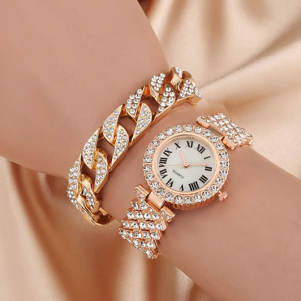 Роскошные женские часы из розового золота с браслетом со стразами в подарок для