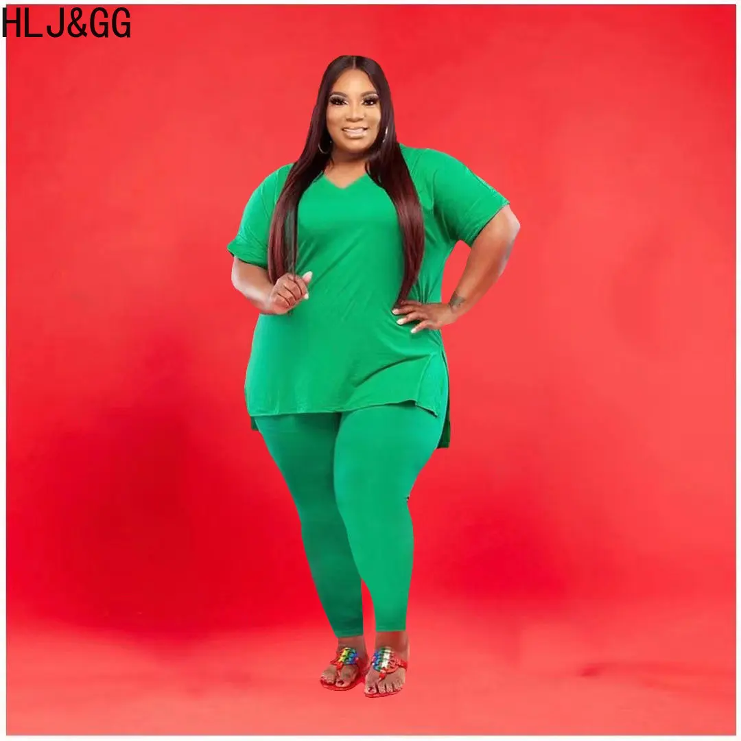 HLJ&GG Casual Solid Color Matching Tracksuits Plus Size Women V Neck Short Sleeve Top And Skinny Pants Two Piece Sets Outfits