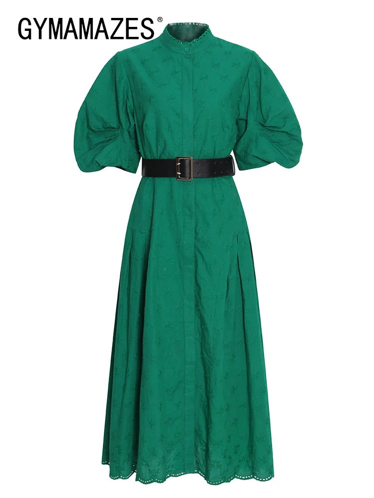 

GYMAMAZES Casual Summer Fashion Dress For Women Stand Collar Puff Sleeve High Waist Midi Solid Dresses Female Clothes Style 2022