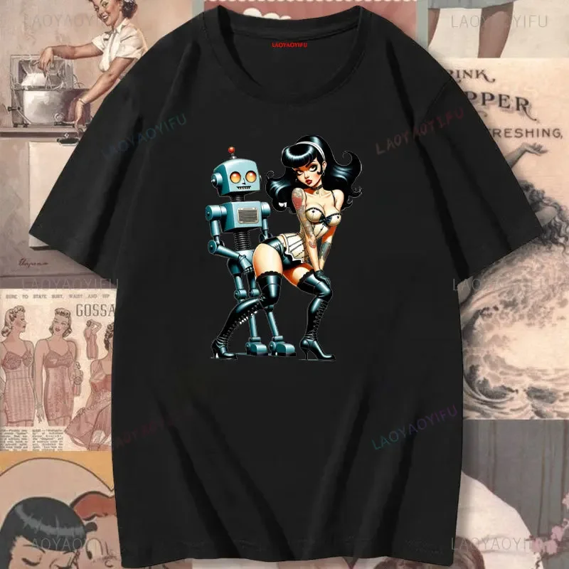 Фото Retro Ride Car Pin-up Girls Graphic T Shirts Summer Beach Heat Coconut Trees Woman Vintage Cotton T-shirt Man Outdoors Tops Tee №5