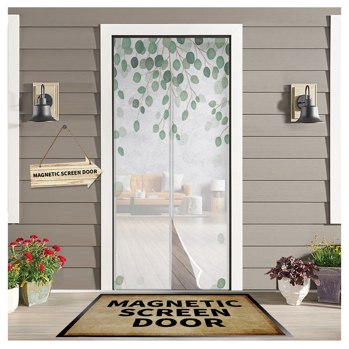 

Eucalyptus Leaves Plant Green White Magnetic Door Curtain Living Room Bedroom Home Anti-mosquito Screen Door Curtain