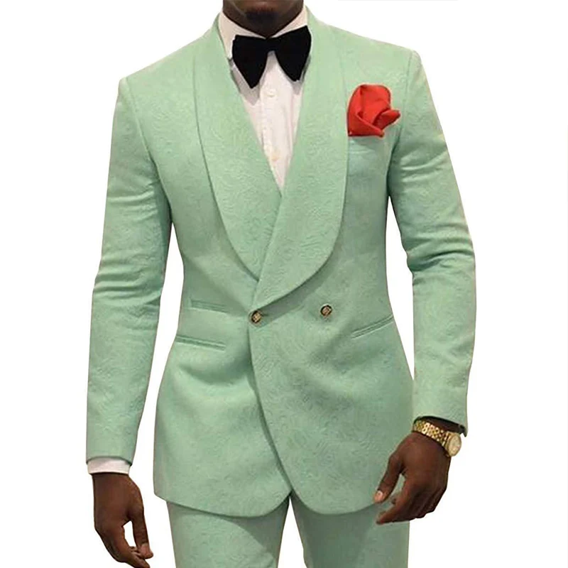 

2022 New Mint Green Floral Slim Fit Mens Suits Double Breasted For Wedding Groom Tuxedo 2 Piece Jacket Pants Prom Party Suits