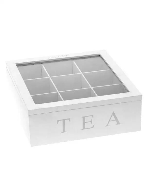 

White Natural Bamboo Tea Box With Lid 9-Compartment Coffee Tea Bag Storage Holder Sugar Organizer For Kitchen Cabinets