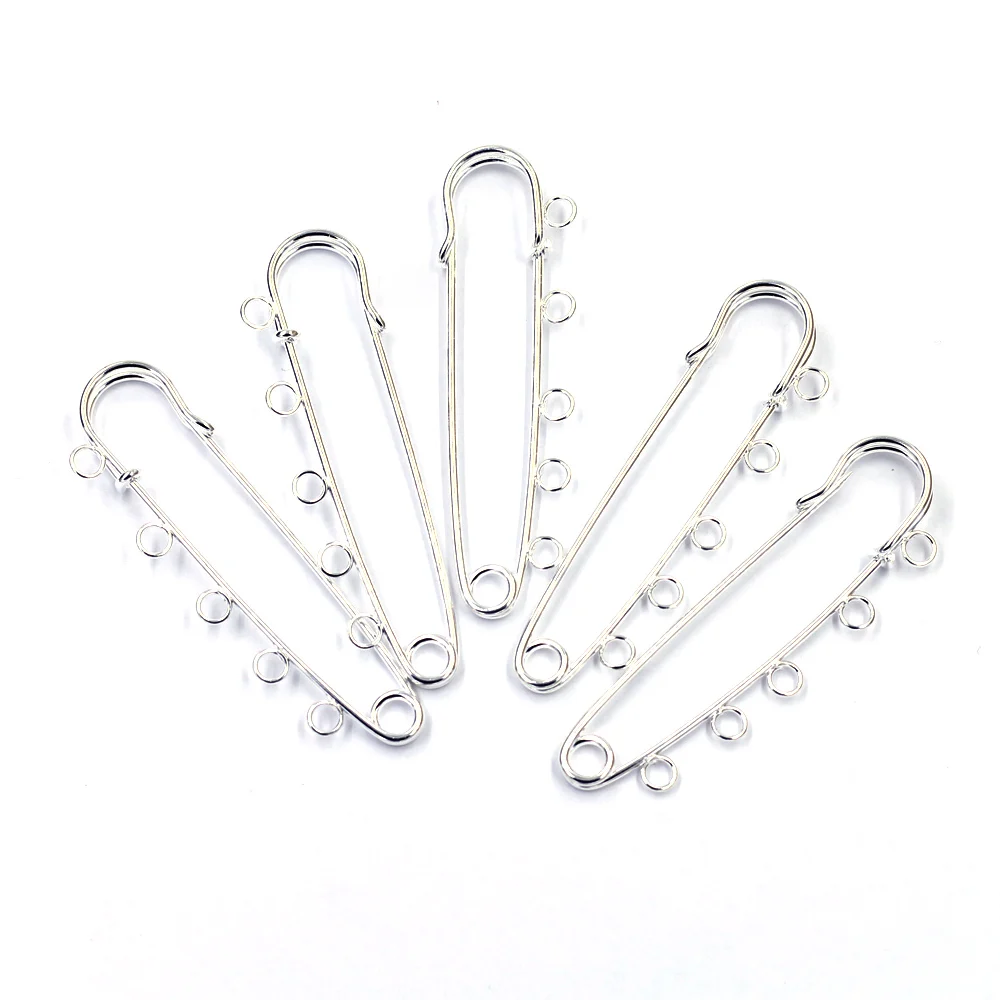 

10Pcs Brooches Safety Pins Support De Broche 5 Holes Silver Plated Alloy Jewelry DIY Finding Charms 7x2cm