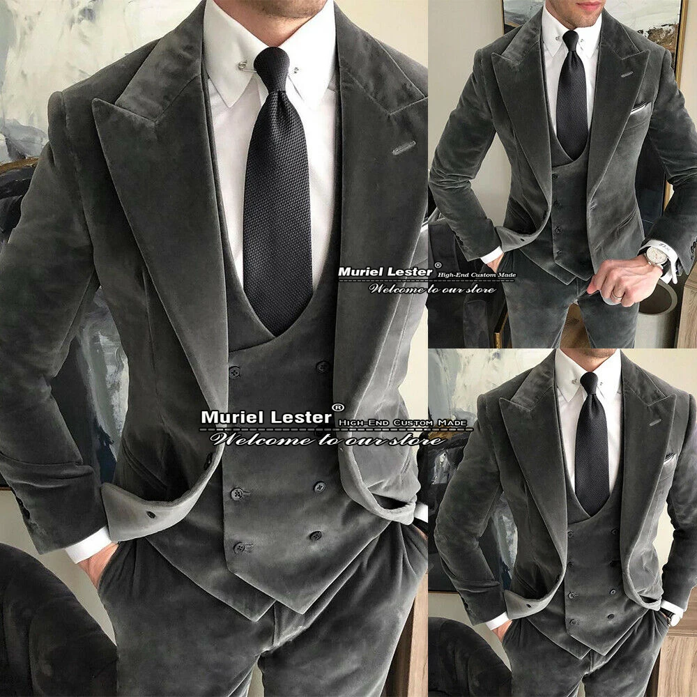 

Autumn/Winter Suits Mens Slim Fit Business Grey Velvet Blazer+Vest+Pants Tailor-Made 3 Pieces Formal Terno Masculino Completo