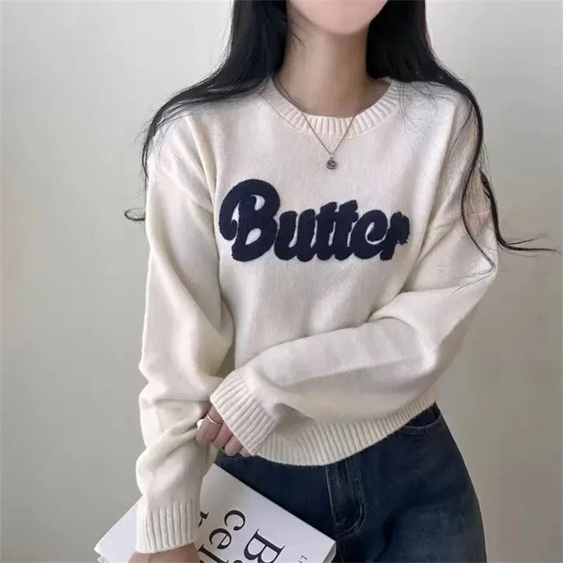 

New Korean Fashion Knitted Sweater Women Letters O-neck Long Sleeve Casual Loose Pullover Sweaters Knitwear Autumn Winter Tops