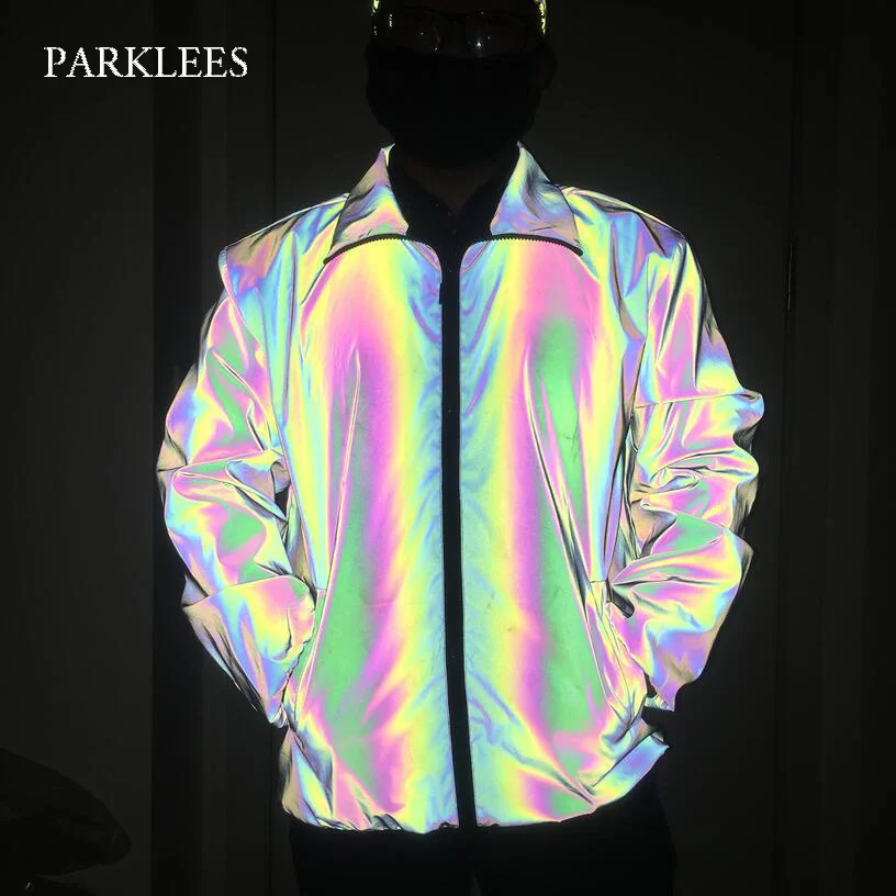 

Parklees Mens Rainbow Reflective Zipper Jacket Hip Hop Night Sporting Jacket Coat Casual Fluorescent Streetwear Veste Homme 3XL