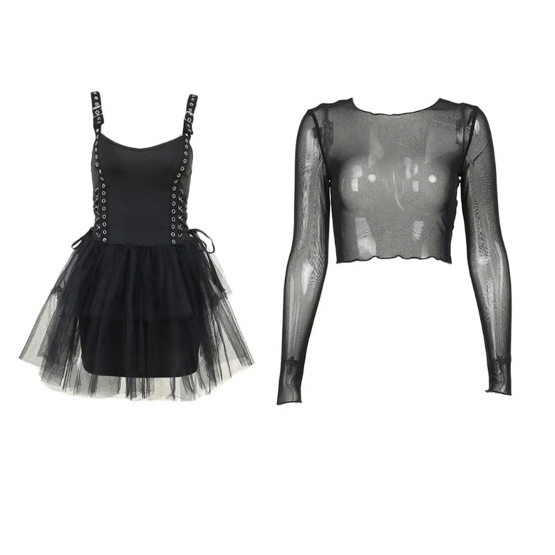 

Women Gothic Eyelet Strap Crisscross Bandage A-Line Mini Dress Sheer Mesh Top
